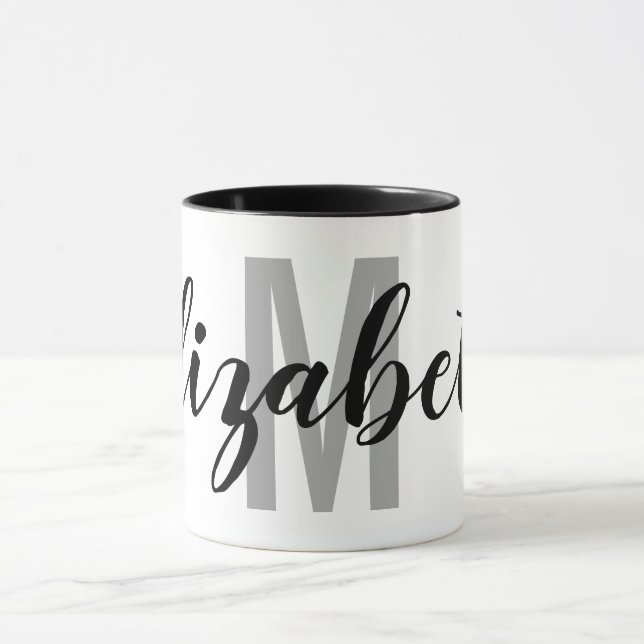 Simple Black Grey Hand Script Monogram Mug (Center)