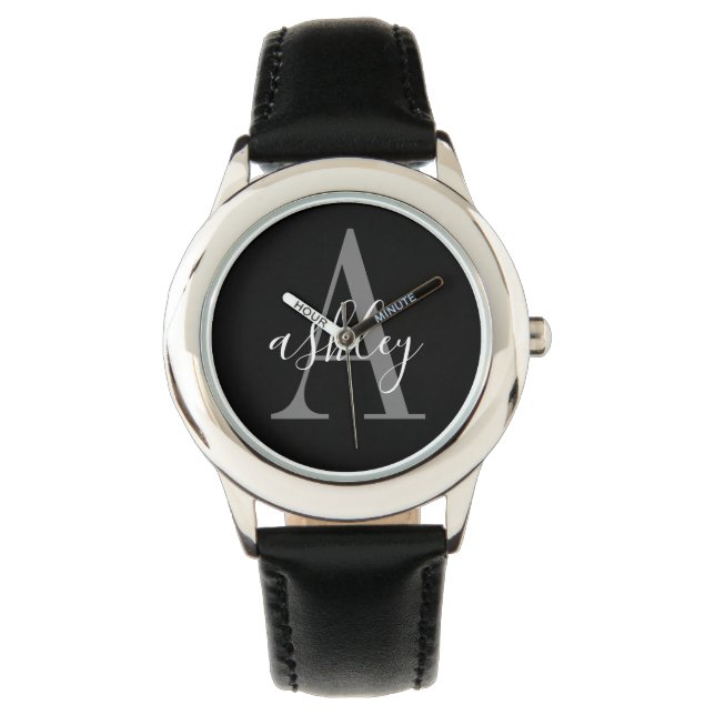 Simple Black Grey, Personalised Monogram Watch (Front)