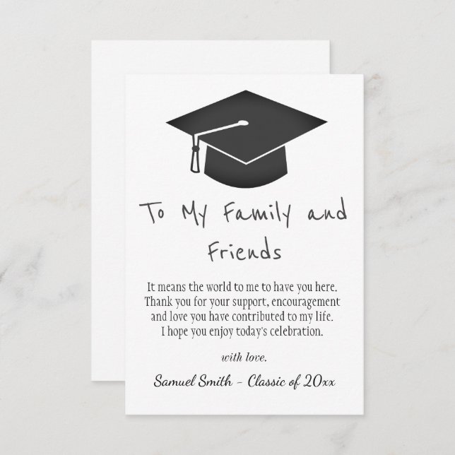 Simple Black Handwriting Cap Tassel Graduation   Thank You Card (Front/Back)