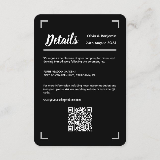 Simple Black Handwritten Script Wedding QR Code Enclosure Card (Front)