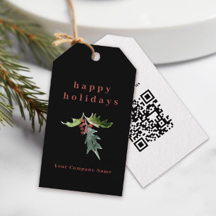 Simple Black Holly QR code Corporate Holiday Gift Tags