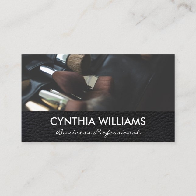 Simple Black Leather | Makeup Brushes Kit Business Card (Front)
