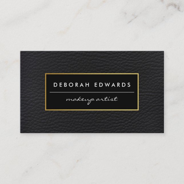 Simple Black Leather with Gold Frame Business Card (Front)