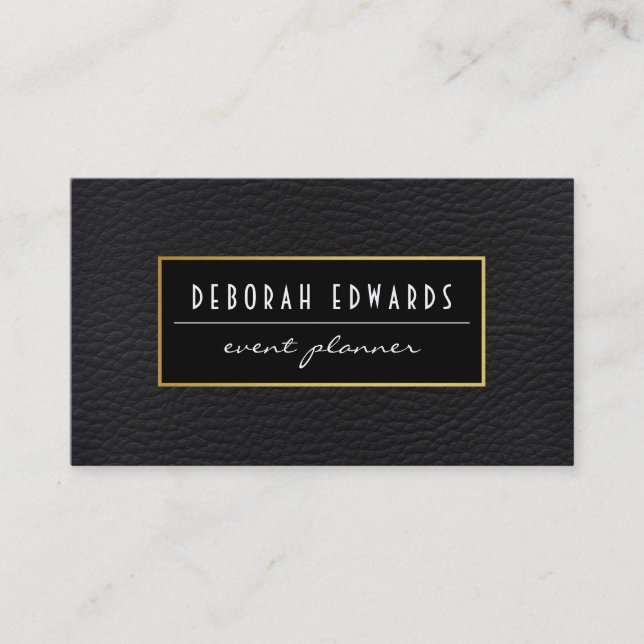 Simple Black Leather with Gold Frame Business Card (Front)