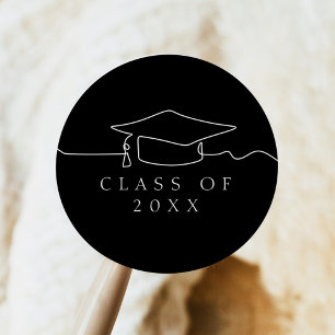 Simple Black Line Art Graduation Cap  Classic Round Sticker