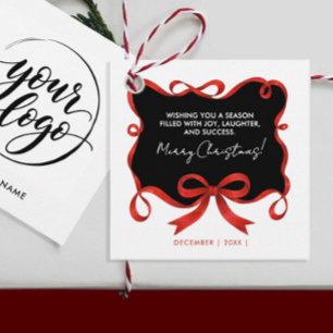 Simple Black Logo Merry Christmas Red Ribbon Favour Tags