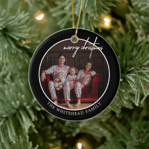 Simple Black Merry Christmas Photo White Ceramic Tree Decoration