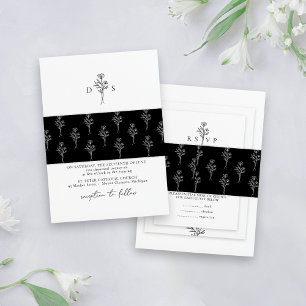 Simple Black Minimalist Floral Pattern Wedding Invitation Belly Band
