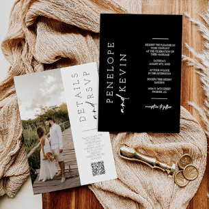 Simple Black Minimalist Wedding Photo QR Code RSVP Invitation