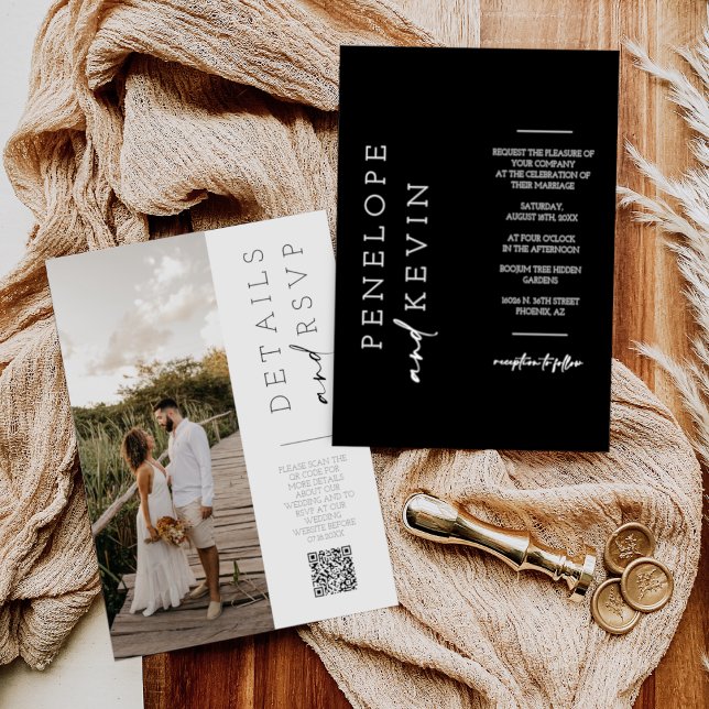 Simple Black Minimalist Wedding Photo QR Code RSVP Invitation (Creator Uploaded)