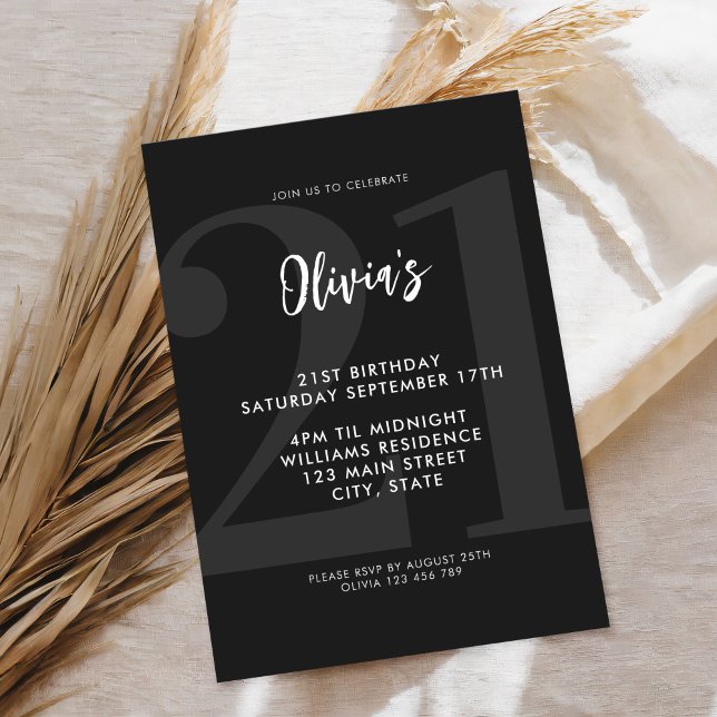 Simple Black Modern 21st Birthday Invitation (Creator Uploaded)