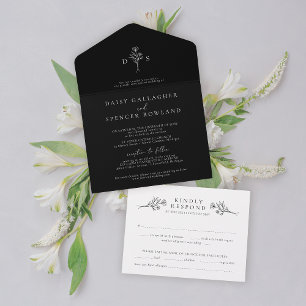 Simple Black Modern Floral Monogram Wedding All In One Invitation