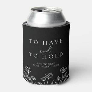Simple Black Modern Floral Monogram Wedding Can Cooler