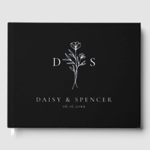 Simple Black Modern Floral Monogram Wedding Guest Book