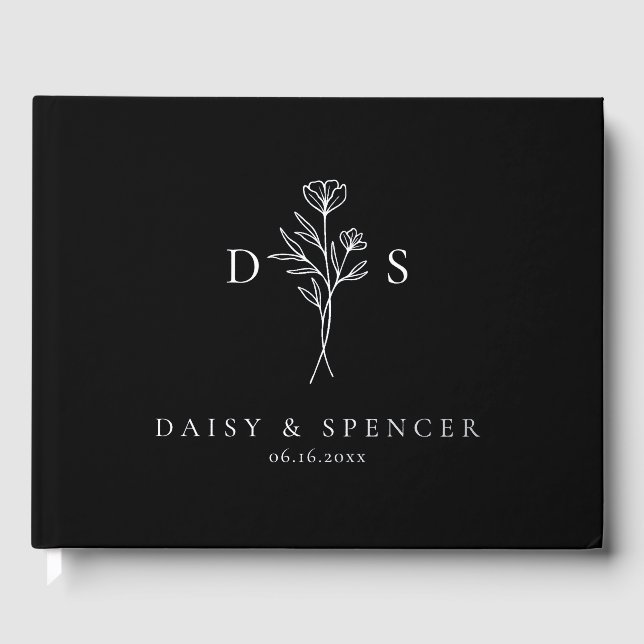 Simple Black Modern Floral Monogram Wedding Guest Book (Front)