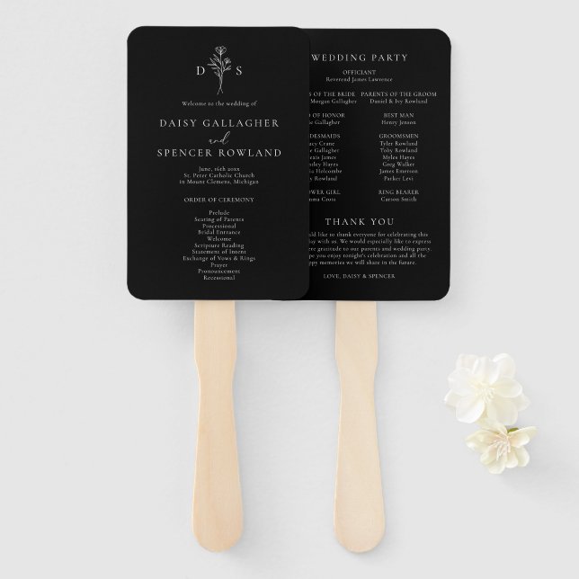 Simple Black Modern Floral Monogram Wedding Hand Fan (Front and Back)