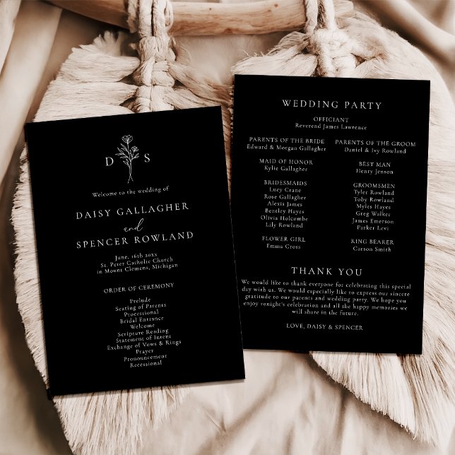 Simple Black Modern Floral Monogram Wide Wedding Programme (Creator Uploaded)