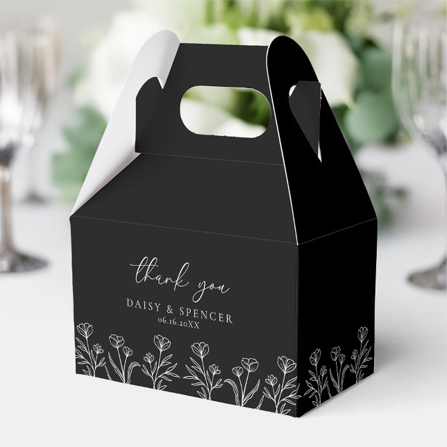 Simple Black Modern Floral Outline Wedding Gable Favour Box (Creator Uploaded)