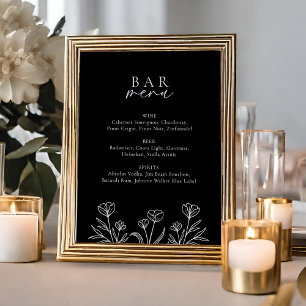 Simple Black Modern Floral Wedding Bar Menu Sign