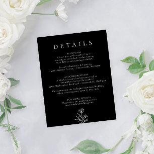 Simple Black Modern Floral Wedding Details Enclosure Card