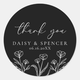 Simple Black Modern Floral Wedding Favour Classic Round Sticker
