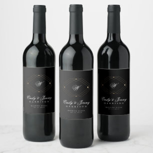 Simple Black Modern Geometric Gold Wedding Wine Label