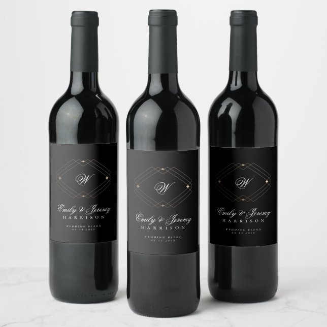 Simple Black Modern Geometric Gold Wedding Wine Label (Bottles)