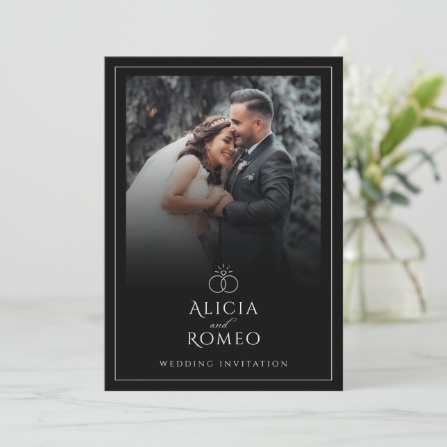 Simple black modern minimalist photo wedding  invitation (Standing Front)