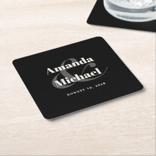 Simple Black Modern Minimalist Wedding Square Paper Coaster