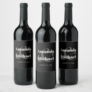 Simple Black Modern Minimalist Wedding Wine Label
