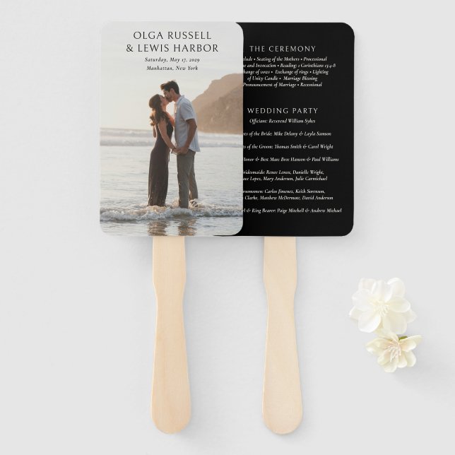 Simple Black Modern Wedding Program Hand Fan (Front and Back)
