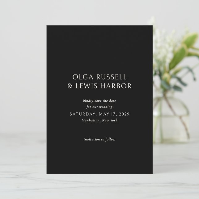 Simple Black Modern Wedding Save The Date (Standing Front)