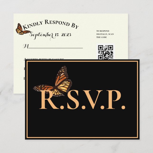 Simple Black Monarch Butterfly QRC RSVP Card (Front/Back)