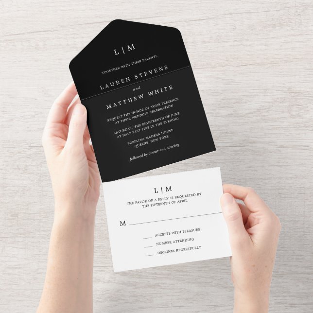 Simple Black Monogram Elegant Wedding All In One Invitation (Tearaway)