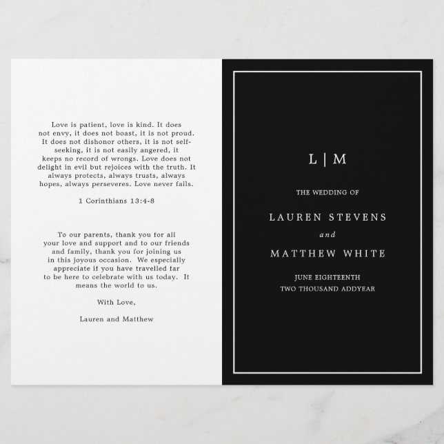 Simple Black Monogram Elegant Wedding Program (Front)