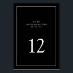 Simple Black Monogram Elegant Wedding Table Number<br><div class="desc">Simple Wedding Table Number featuring an elegant and timeless design with your two letter monogram, names, date and table number surrounded a thin border. All design elements are in white over a black background and may be changed to any colours you wish in the design editing tool. A clean and...</div>