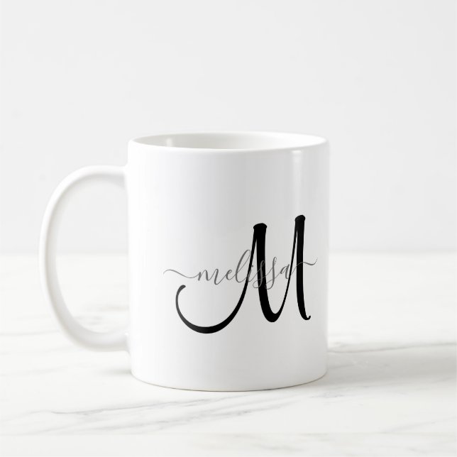 Simple Black Monogram Grey Name on White Coffee Mug (Left)