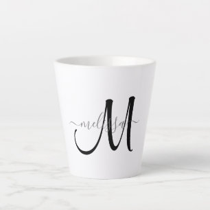 Simple Black Monogram Grey Script Name Latte Mug