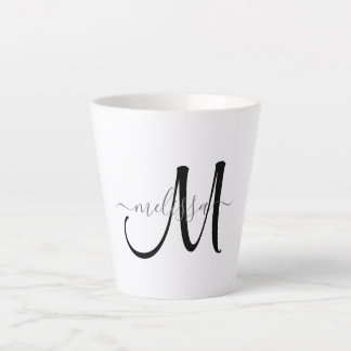 Simple Black Monogram Grey Script Name Latte Mug