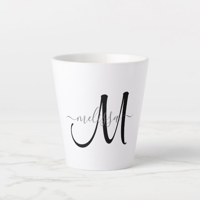Simple Black Monogram Grey Script Name Latte Mug (Front)