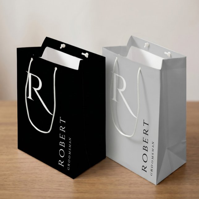 Simple Black Monogram Personalised Groomsmen Mediu Medium Gift Bag (Creator Uploaded)