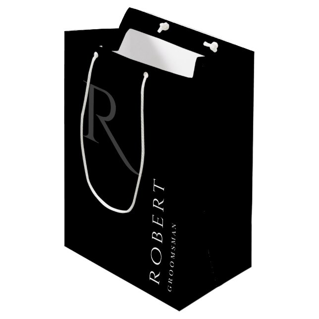 Simple Black Monogram Personalised Groomsmen Mediu Medium Gift Bag (Front Angled)