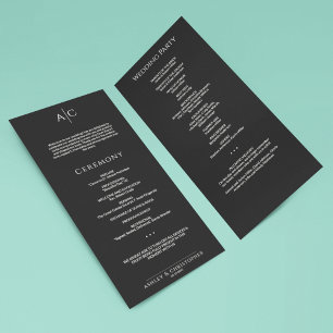 Simple Black Noir Monogram Wedding Ceremony Programme