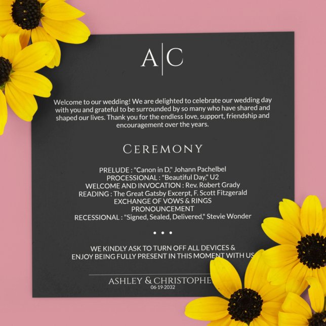 Simple Black Noir Monogram Wedding Ceremony Programme (Creator Uploaded)