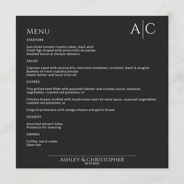 Simple Black Noir Monogram Wedding Reception Menu (Front)