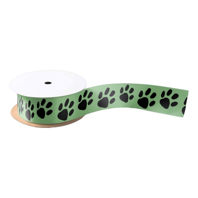 Simple Black Paw Print on Green Satin Ribbon (Spool)