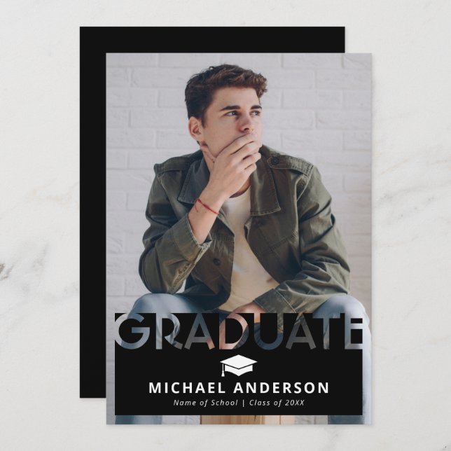 Simple Black Photo Graduation Announcement (Front/Back)