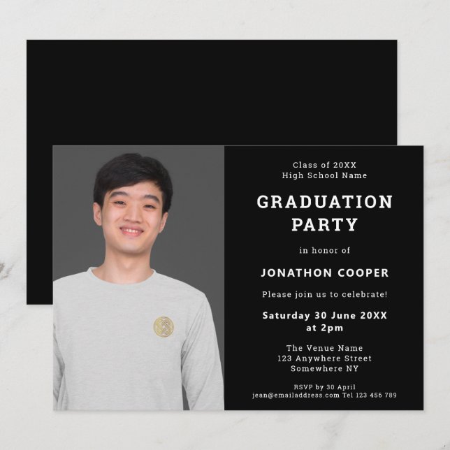 Simple Black Photo Graduation Party Invitation (Front/Back)
