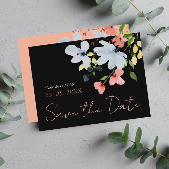 Simple Black Pink Floral Wedding Save the Date Postcard (Creator Uploaded)