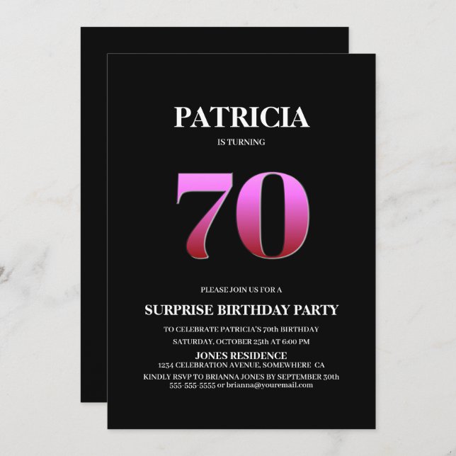 Simple Black Pink Surprise 70th Birthday Invitation (Front/Back)